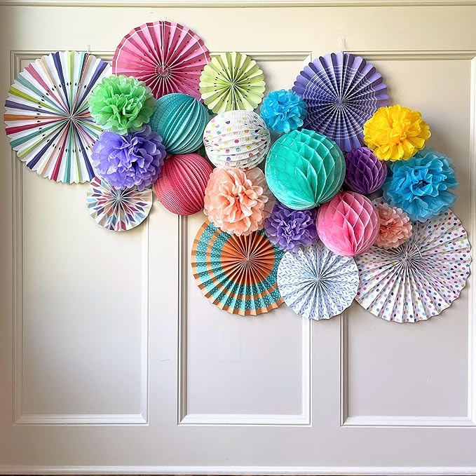 PapaKit Origami Wall Decoration Set (8 Assorted Round Paper Fans) Birthday Party Baby Shower Wedding Events Decor | Creative Art Design Pattern (Festive Colors with Mixed Patterns, 8 Piece Set)