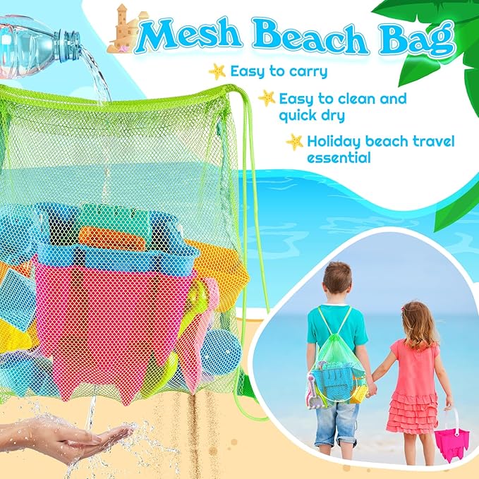 Beach Toys Sand Toys for Kids, Sand Castle Toys for Beach with 2 Sand Castle Bucket and Mesh Bag, Sand Molds, Shovels and Rakes, Sandbox Toys for Toddlers, Travel Beach Toys for Kids 3-10