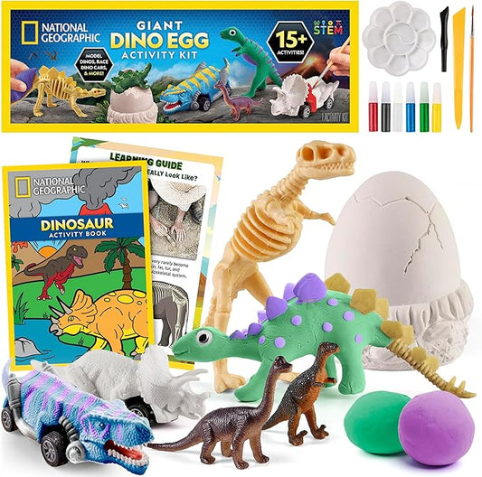 NATIONAL GEOGRAPHIC Giant Dinosaur Egg Activity Kit – 15+ Dino Crafts, Painting Cars, Clay Models, Dig Brick, Stickers & Learning Guide, Easter Basket Stuffers, Dinosaur Science Toy for Boys & Girls
