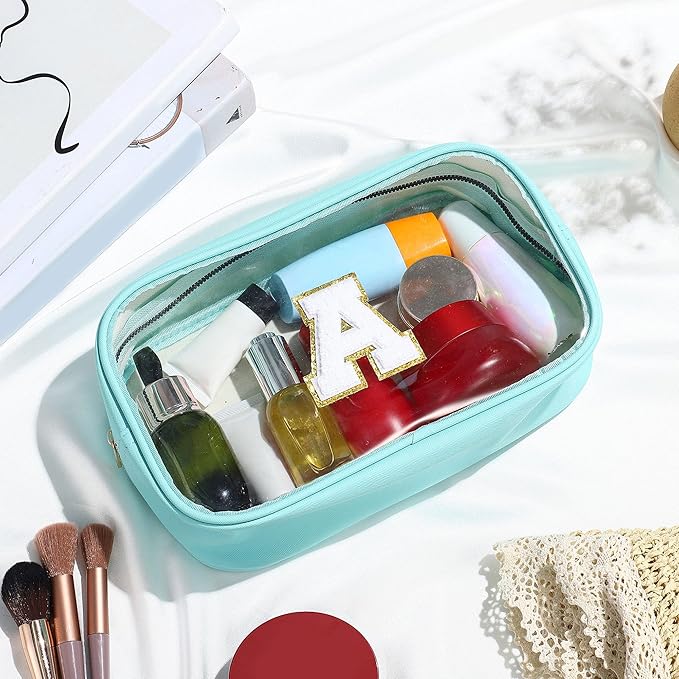YOOLIFE Initial Clear Makeup Pouch, Clear Makeup Bag Cosmetic Travel Beach Toiletry Bag Travel Essentials Gifts for Women Teen Girlfriend Teacher Mom Birthday Gift for Women Teen Zipper Pouch Blue A