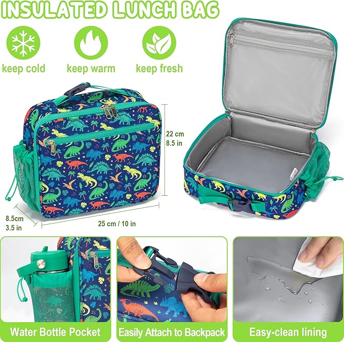 Fimibuke Bento Lunch Box for Kids with Thermos, 3-Compartment 32OZ Snack Lunch Container, Lunch Bag, 12OZ Insulated Food Jar & Ice Pack Set for Age 3-12 School Daycare Toddler Teen Girl Boy, Dinosaur
