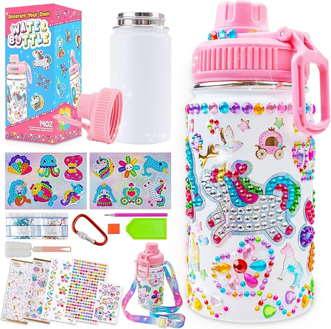 FTBox Decorate Your Own Water Bottle, Cute Arts and Crafts Gifts Toys for Girls Age 4-12, Unicorn/Mermaid Diamond Painting Crafts Kit for Birthday & Christmas