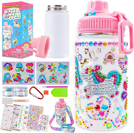FTBox Decorate Your Own Water Bottle, Cute Arts and Crafts Gifts Toys for Girls Age 4-12, Unicorn/Mermaid Diamond Painting Crafts Kit for Birthday & Christmas
