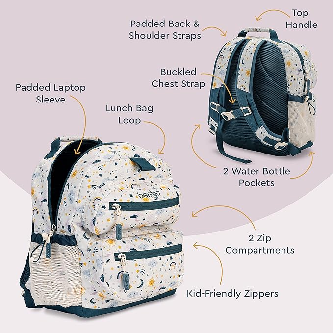 Bentgo Kids Backpack - Lightweight 14” Backpack in Fun Prints for School, Travel, & Daycare, Ideal for Ages 4+, Roomy Interior, Durable & Water-Resistant Fabric, & Loop for Lunch Bag (Friendly Skies)