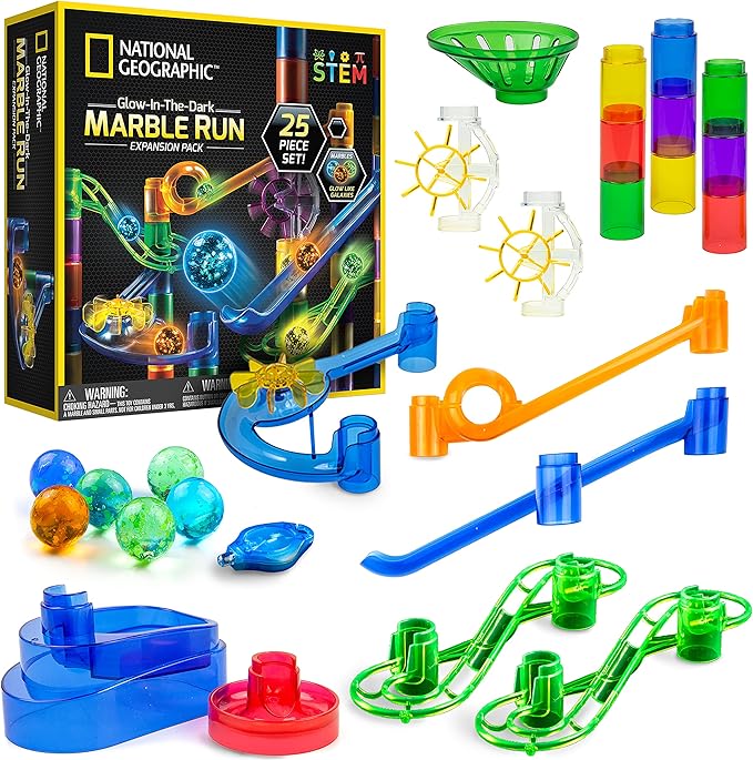 NATIONAL GEOGRAPHIC Glowing Marble Run Expansion Pack - 5 Glow in The Dark Glass Marbles, 20 Construction Pieces, UV Light, Great Creative STEM Toy for Girls and Boys