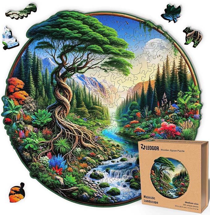 LEOGOR Wooden Jigsaw Puzzles for Adults (11.5 × 11.2 in), 200 Piece Round Landscape Puzzle, Extra-Thick 5 mm Wood, Unique Nature Shapes, Beautiful and Challenging Gift for Adults