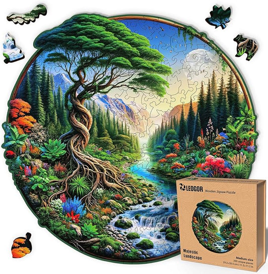 LEOGOR Wooden Jigsaw Puzzles for Adults (11.5 × 11.2 in), 200 Piece Round Landscape Puzzle, Extra-Thick 5 mm Wood, Unique Nature Shapes, Beautiful and Challenging Gift for Adults