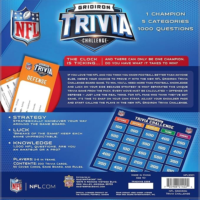 Masterpieces Family Game - NFL Gridiron Trivia Challenge - Officially Licensed Game for Kids & Adults