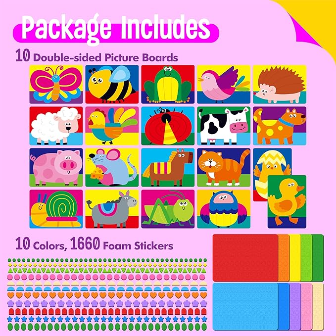 Foam Sticker Art Activity, 20 Farm Animal Art Boards with 1660 Foam Stickers in 10 Colors, Funny DIY Activity Creative Craft Kits Travel Game for Kids, Boys & Girls