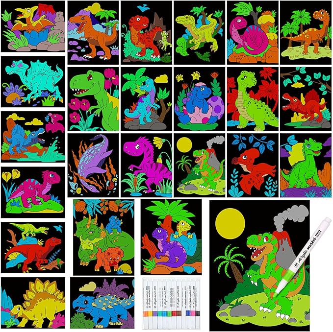 Zhanmai 48 Pack of 8 x 10 Inches Back to School Dinosaur Velvet Coloring Posters Party Favors and 12 Pcs Watercolor Pens for Adults Teenagers Large Poster for Classroom Holiday Arts Crafts