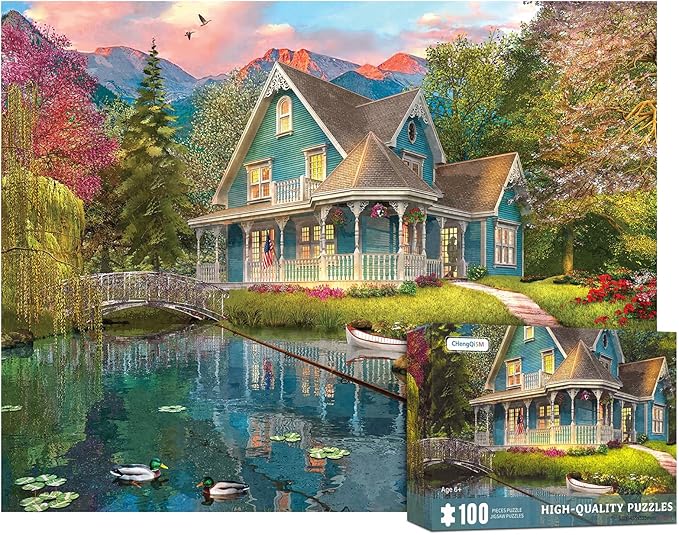 100 Piece Puzzles for Kids Summer House 100 Piece Puzzles for Adults, Mountain Villa Landscape 100 Pieces Puzzle for Kids Ages 4-8, Mountain Cottage Oil Painting Puzzle for Seniors Teens