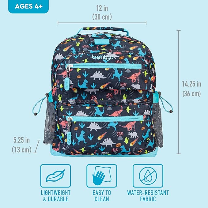 Bentgo Kids Backpack - Lightweight 14” Backpack in Fun Prints for School, Travel, & Daycare, Ideal for Ages 4+, Roomy Interior, Durable & Water-Resistant Fabric, & Loop for Lunch Bag (Dinosaur)