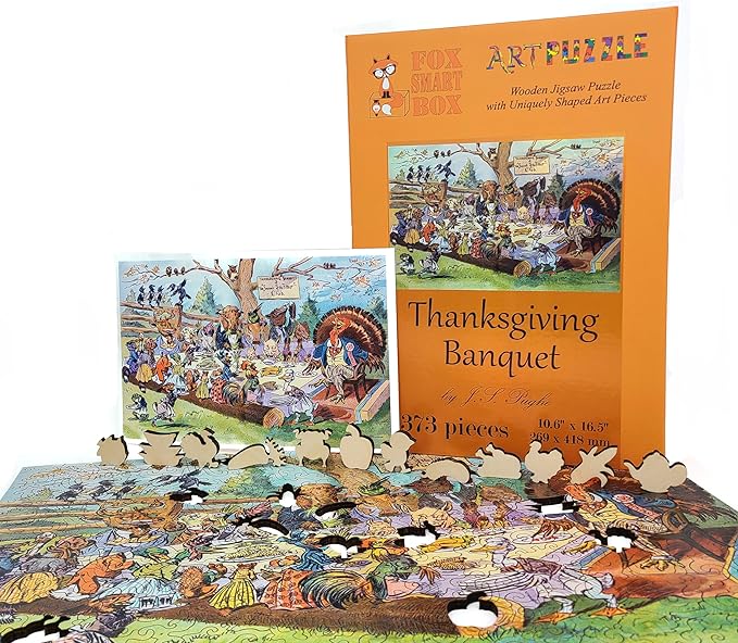 Wooden Jigsаw Puzzle for Adults - Uniquely Shaped Pieces - Made in The USA by FoxSmartBox - 373 Pieces - Thanksgiving Banquet