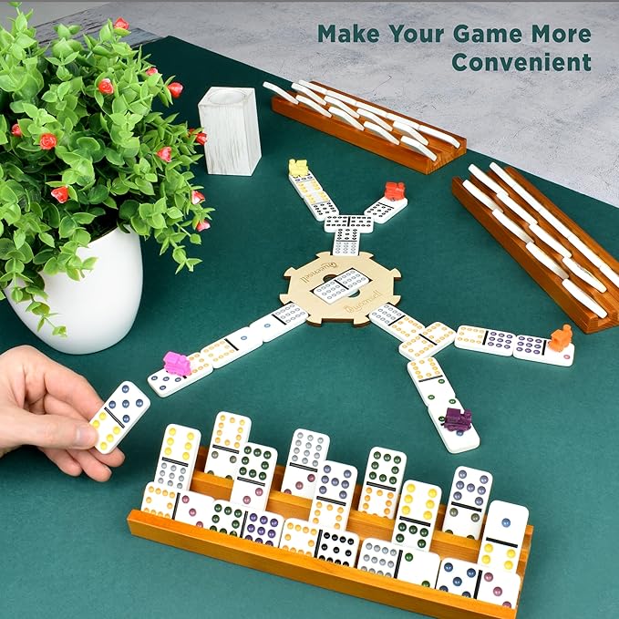 Queensell Domino Holders for Classic Board Games - Wooden Domino Racks Set of 4 - Mexican Train Dominoes Accessories - Domino Trays for Tiles Family Games (Large)