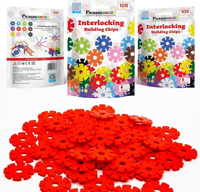 PicassoTiles Building Chips Interlocking Disc Construction Blocks in Red Color STEM Learning Early Education Toy Engineering Playset Child Brain Development for Toddlers Girls Boys Kids Age 3+ PTF108
