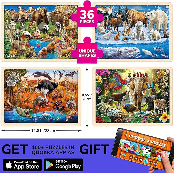 QUOKKA 4SET Puzzles for Kids Ages 4-6 - 36 Pcs Wooden Realistic Montessori Puzzles Ages 3-5 - Polar & Tropical Regions, Yellowstone & Australian Animals Learning Games for Boys and Girls 4-8 Year Old