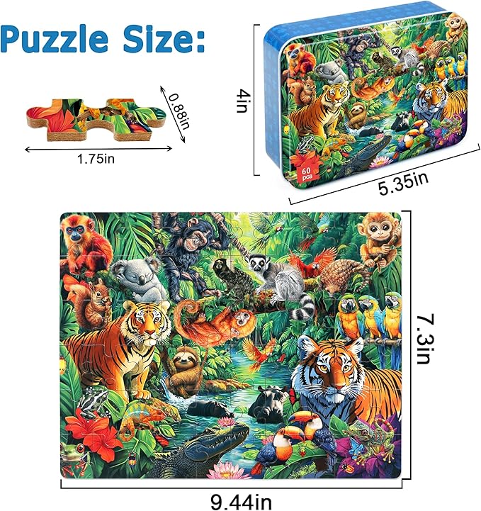 LELEMON Puzzles for Kids Ages 4-6, Jungle Puzzle 60 Piece Puzzles for Kids in a Metal Box, Educational Kids Puzzles Jigsaw Puzzles Childrens Puzzle Games Puzzle Toys for Girls and Boys