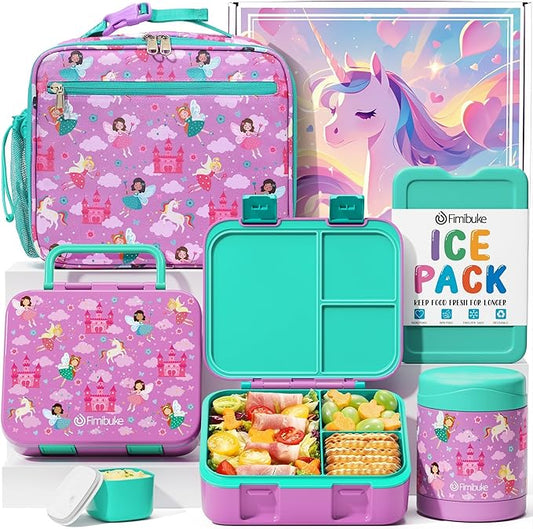 Fimibuke Bento Lunch Box for Kids with Thermos, 3-Compartment 32OZ Snack Lunch Container, Lunch Bag, 12OZ Insulated Food Jar & Ice Pack Set for Age 3-12 School Daycare Toddler Teen Girls Boys, Fairies