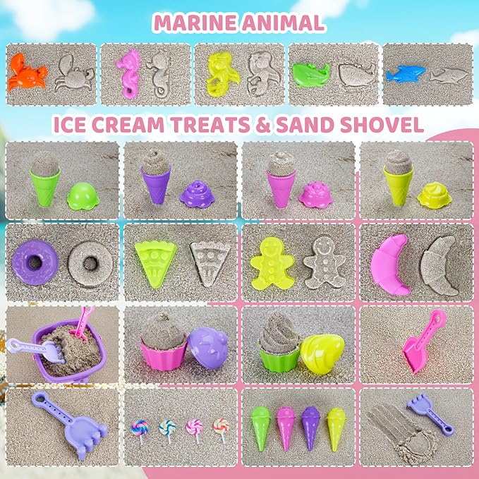 Collapsible Beach Toys Set for Kids Girls Ice Cream Sand Toys Set with Bucket & Shovels Set & Sand Molds and Mesh Bag, Travel Sandbox Toys for Toddlers Age 3-10