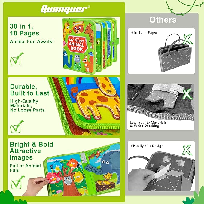 Quanquer Animals Busy Book for Toddlers 1-3 – Montessori Sensory Toys Busy Board for 1 Year Old, Educational Learning Activity Book, Quiet Travel Toy for Car & Airplane, Birthday Gifts for Age 1 2 3