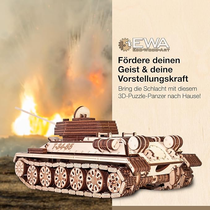 3D Wooden Puzzles for Adults - DIY T-34-85 Tank 3D Puzzle Model Kit with Rubber Band Engine, Rolling Wheels & Rotating Cannon - 3D Wooden Puzzle for 15 yrs Above & Adults - Eco Wood Art, 965 Pieces