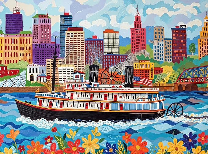 Cross & Glory - Queen City Paddle Wheel Adventure - 1000 Piece Jigsaw Puzzle for Adults | Historic Cincinnati Riverboat Scene | Vibrant Folk Art Design with Satin Finish | 20x27 Inches