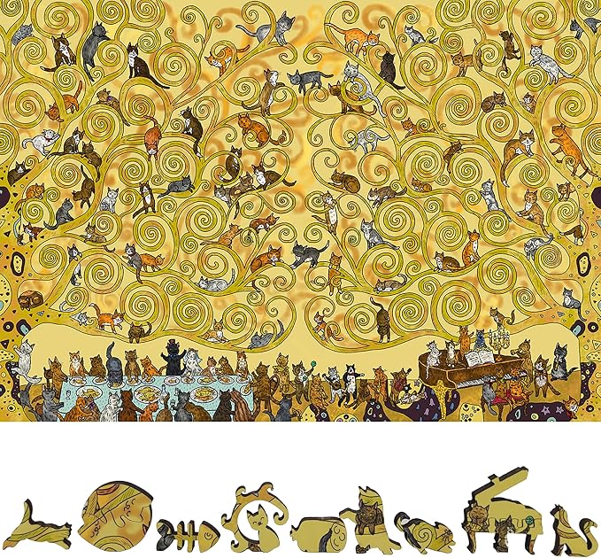 Wooden Puzzle for Adults - Uniquely Shaped Pieces - Made in The USA by FoxSmartBox - 460 Pieces - Cats Wedding