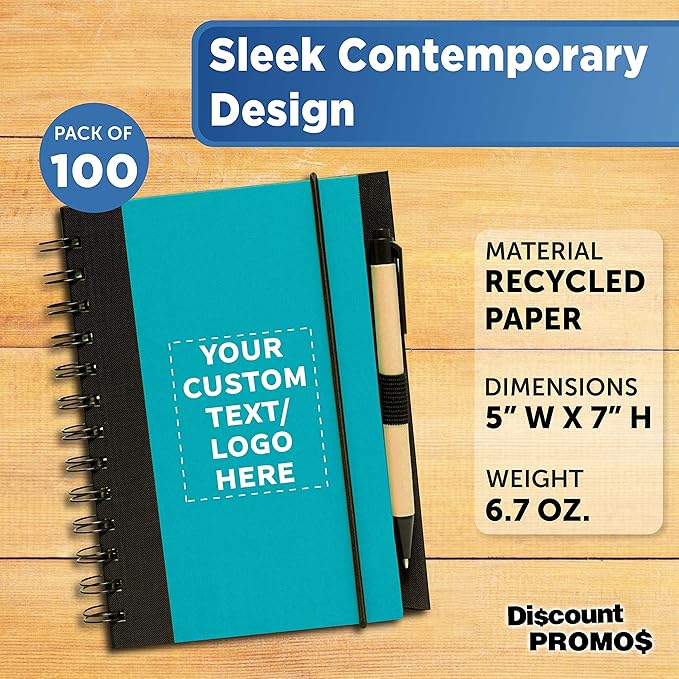 DISCOUNT PROMOS Custom Eco Block Notebooks with Pens Set of 100, Personalized Bulk Pack - Perfect for School, Office, Business, Home - Aqua