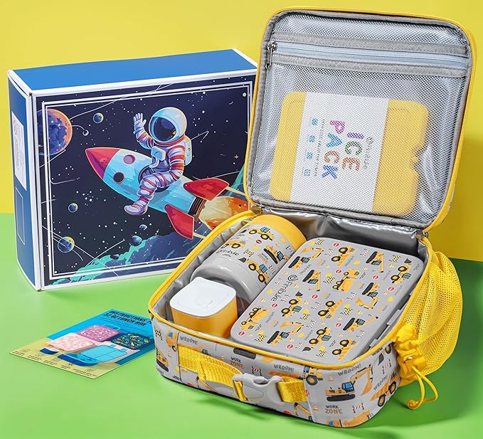 Fimibuke Bento Lunch Box for Kids with Thermos, 3-Compartment 32OZ Snack Lunch Container, Lunch Bag, 12OZ Insulated Food Jar & Ice Pack Set for Age 3-12 School Daycare Toddler Teen Girls Boys, Trucks