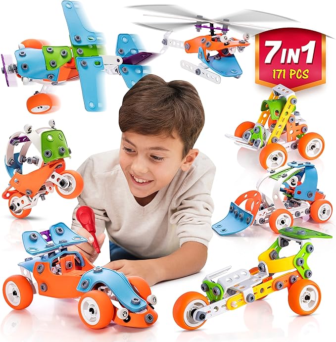 STEM Building Toy for 7-12 Year Old Boys - 7-in-1 Models Kids Love to Build and Play - 171Pcs Construction Set with Engineering Activity Kit - Best Birthday Gift Toy
