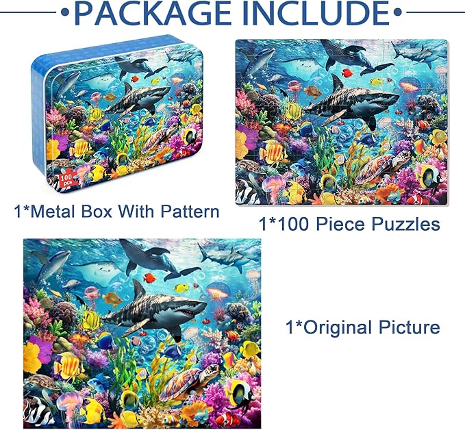 LELEMON Puzzles for Kids Ages 4-6,Underwater World 100 Piece Puzzles for Kids in a Metal Box, Educational Jigsaw Puzzles 100 Piece Puzzle Games Puzzle Toys for Girls and Boys
