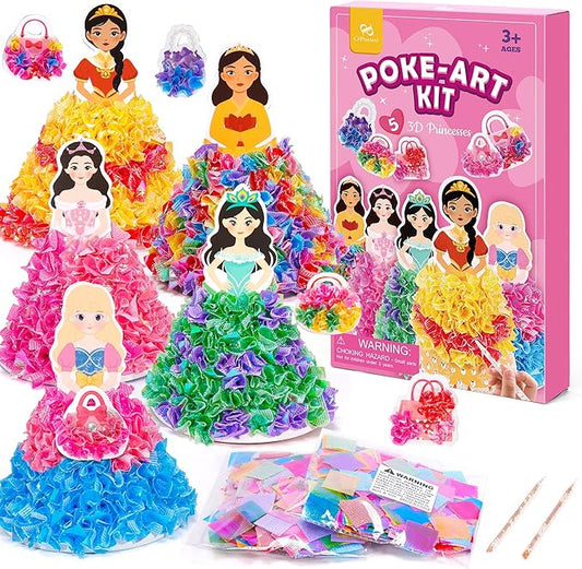 PP OPOUNT Poke Art Kits for Girls, 5 pcs 3D Magical Princess & 5 Bags Kids Paper Craft Kits, DIY Wood Craft Kit, Mess-Free Creative Activity Art and Crafts, Birthday Christmas Gift for Girls Ages 4-8
