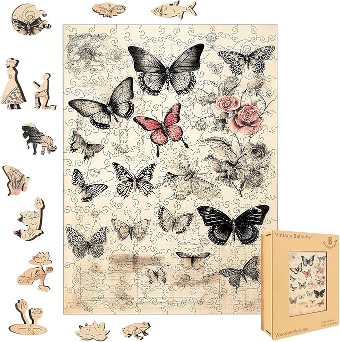 Wooden Puzzles for Adults, Butterfly Jigsaw Puzzles 5MM Thickness,200 Pieces Animal Unique Shape Puzzles with Wooden Box, Family Game Gift Fun Challenging Puzzle for Adults and Kids