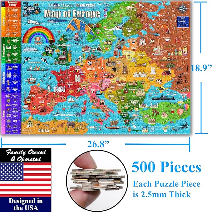 Think2Master Colorful Map of Europe 500 Pieces Jigsaw Puzzle for Kids 12+, Teens, Adults & Families. Great Gift for stimulating Interest in The European Map. Size: 26.8” X 18.9”