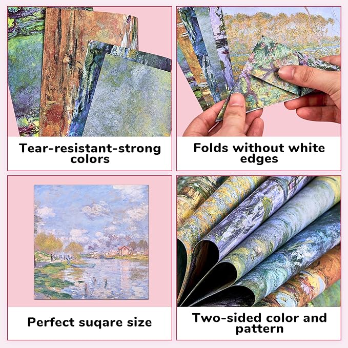Monet-Inspired Origami Paper - 50 Sheets 6x6 Inches - Impressionist Art Double-Sided Colored Folding Paper for Adults, Artists & Kids, Ideal for Scrapbooking, Card Making and DIY Crafts