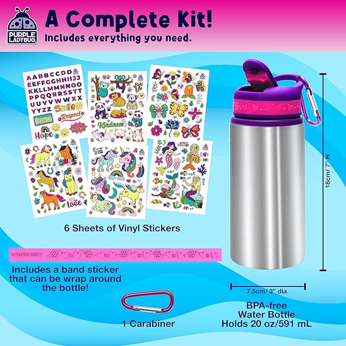 PURPLE LADYBUG Decorate Your Own Water Bottle Kit - Gifts for Girls Ages 4-8 Years Old Birthday, Little Girl Gifts, Kids Water Bottle for School, Christmas Gift for Girls