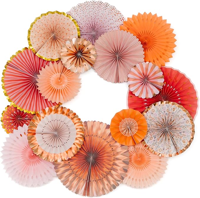 PapaKit Origami Wall Decoration Set (8 Assorted Round Paper Fans) Birthday Party Baby Shower Wedding Events Decor | Creative Art Design Pattern (Bright Orange Bloom with Metallic Gold Accent)
