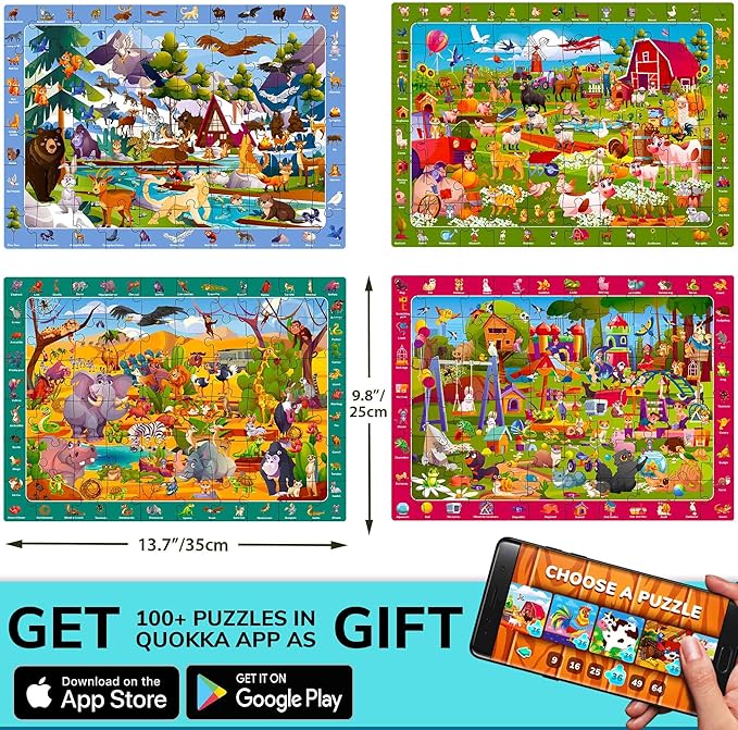 QUOKKA Puzzles for Kids Ages 4-6 - Toddler Puzzles Ages 3-5 - 4-Pack 60 Piece Search and Find Animals Jigsaw Puzzle 6-8 - Learning Toys for 3 Year Old Boys and Girls - Educational Games Gift