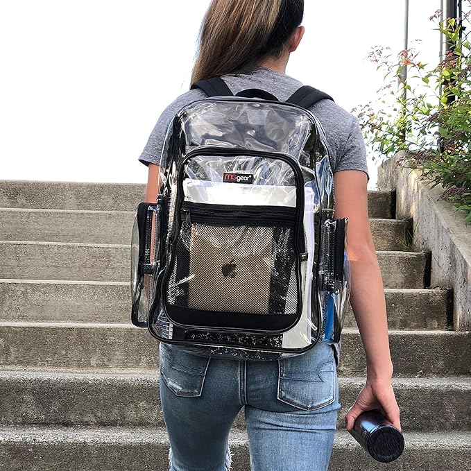 Wholesale Bulk Case 20-Pack Clear Backpack with Black Trim - 17 Inch Large Heavy Duty Transparent School Bags for Student Work Travel Stadium Security