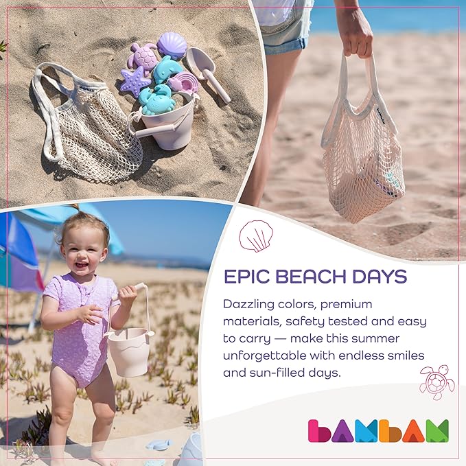 BAMBAM Baby โ Premium Silicone Beach Toys for Toddlers & Baby | 100% BPA Free, Safety Tested | 8 Piece Sand Bucket Set for Kids Ages 6 Months and Up (Beach Blue)