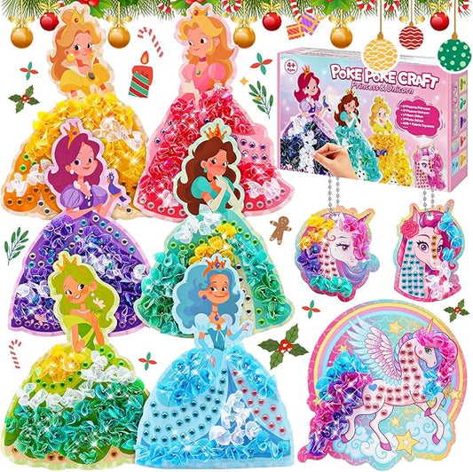 CrispPlay Princess Unicorn Girl Toys, Crafts for Kids Ages 4-8 8-12, 9pcs Poke Art Craft Kits for 4 5 6 7 8 9 Year Old Girls Birthday Christmas Gifts, DIY Kids Creative Activity, Mess Free