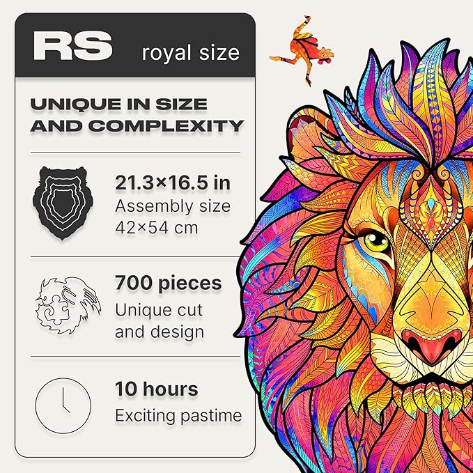 UNIDRAGON Original Wooden Jigsaw Puzzles - Mysterious Lion, 700 pcs, Royal Size 21.3"x16.5", Beautiful Gift Package, Unique Shape Best Gift for Adults and Kids, for Dad Men
