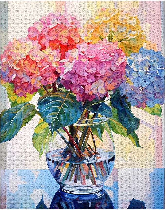 Hydrangea in Glass Vase Jigsaw Puzzle 1000 Pieces Puzzles for Adults, Blossom Flowers Jigsaw Puzzles for Challenging Family Activity Games DIY Puzzle for Home Wall Decor Gifts - 20 x 27 Inches