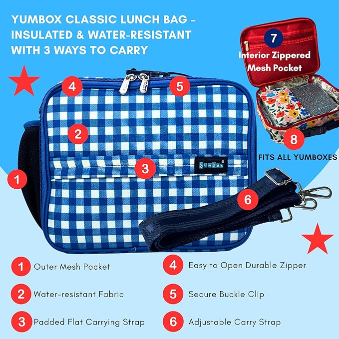 Yumbox Kids Lunch Bag, Holds Lunch Box and Water Bottle, 3 Ways to Carry, Zip Closure, Inside Zipper Netting, Wipe Clean Fabric with EVA lining for extra insulation (Vichy Blue)