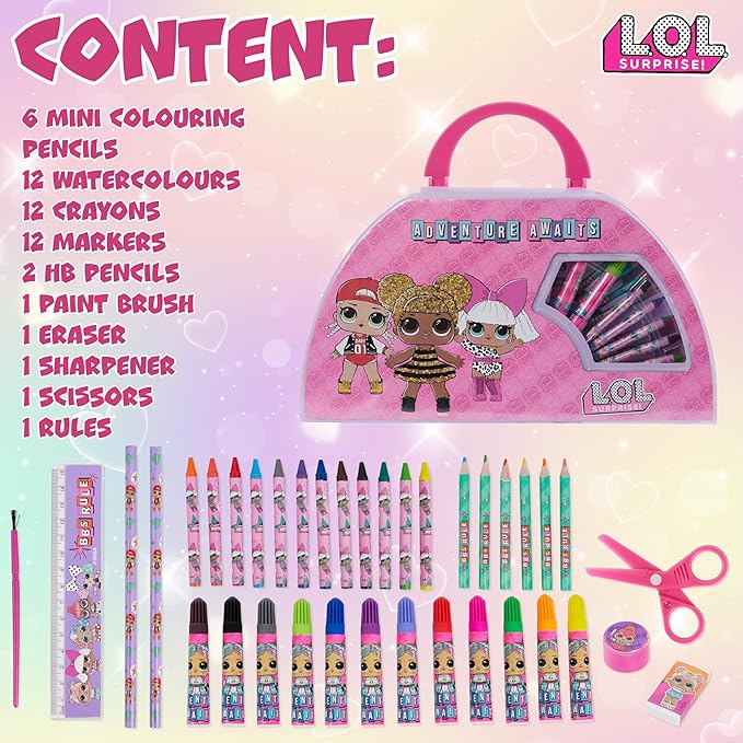 L.O.L. Surprise! Art Supplies Set with 40 Pieces Drawing and Painting Kit Pink Travel Case