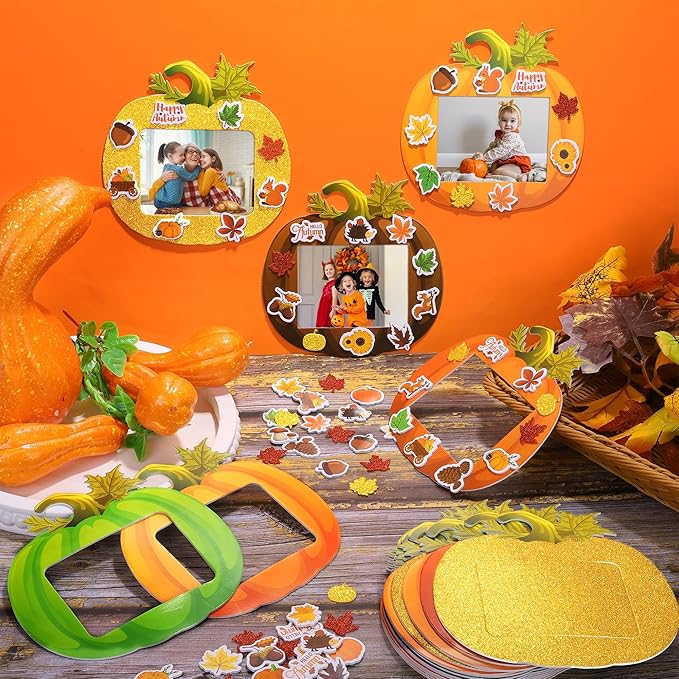 Fovths 24 Pack Fall DIY Foam Picture Frames Craft Kit Thanksgiving Autumn Pumpkin Photo Frame Ornaments with 300 Stickers for Thanksgiving Gifts Holiday Home Party Activities