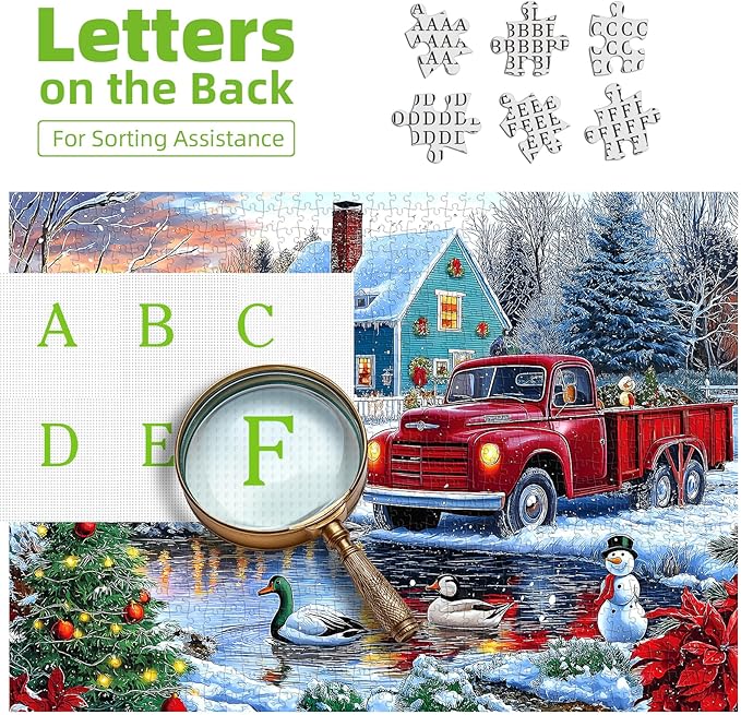 Christmas Winter Scene Jigsaw Puzzle 1000 Pieces for Adults Vintage Red Truck Snowy Country Blue House Ducks Snowman Holiday ICY River Landscape Festival Family Games for Adults