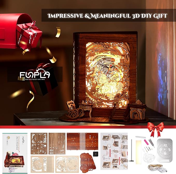 Alice in Wonderland LED 3D Puzzle Nightlight - DIY Book Lamp with Clock - 3D Wood Puzzles Nightlight Home Décor for Kids and Adults