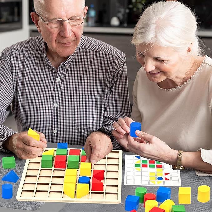 Activities for Dementia Patients, 44 Blocks Wooden Puzzle Games for Seniors, Colorful Shape Pattern Alzheimers Products for Elderly, Tile Color Matching Memory Cognitive Busy Board Gadgets Gifts
