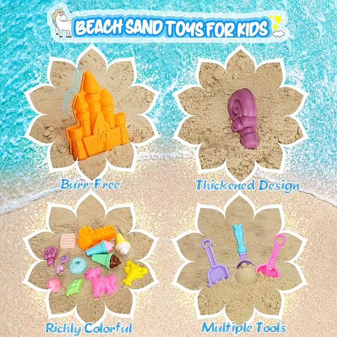 Beach Toys, 30Pcs Ice Cream Sand Toys, Sandbox Toys with Collapsible Sand Bucket and Sand Castle Kit, Cake, Lollipop, Sea Animal, Unicorn Molds, Shovels Set, Mesh Bag, Travel Toys for Girls 3+